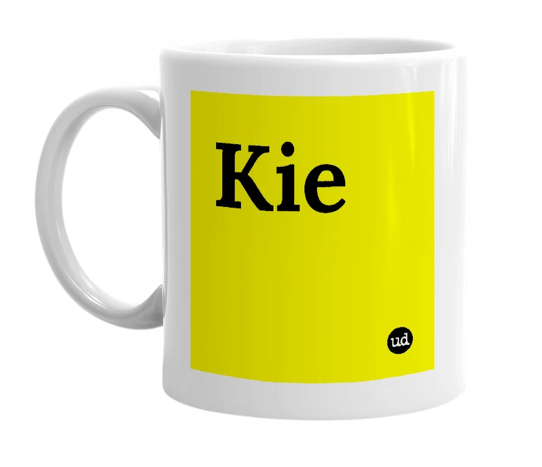 White mug with 'Kie' in bold black letters