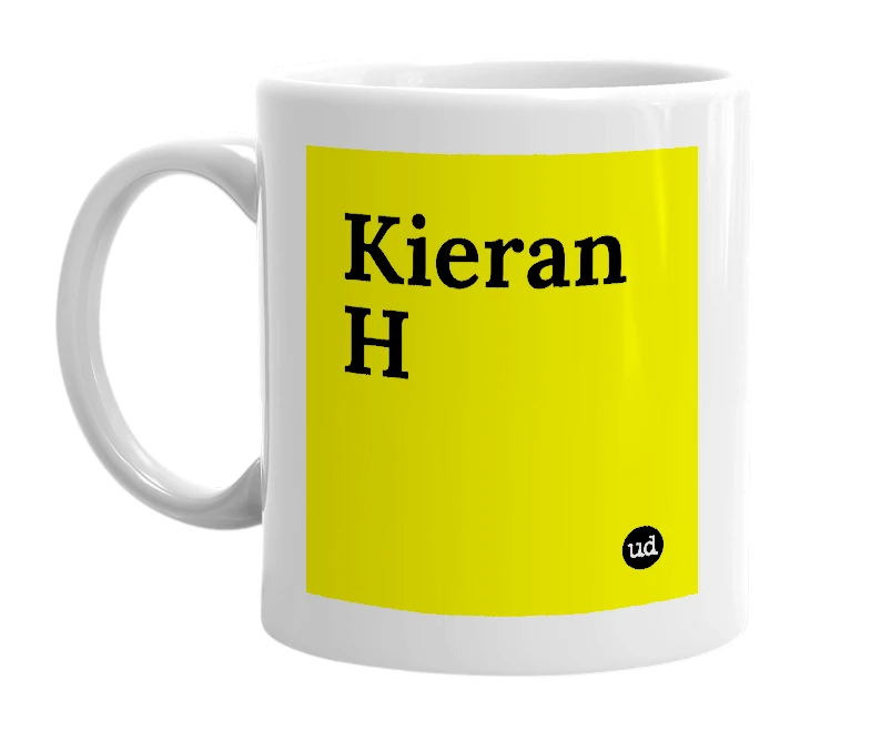 White mug with 'Kieran H' in bold black letters