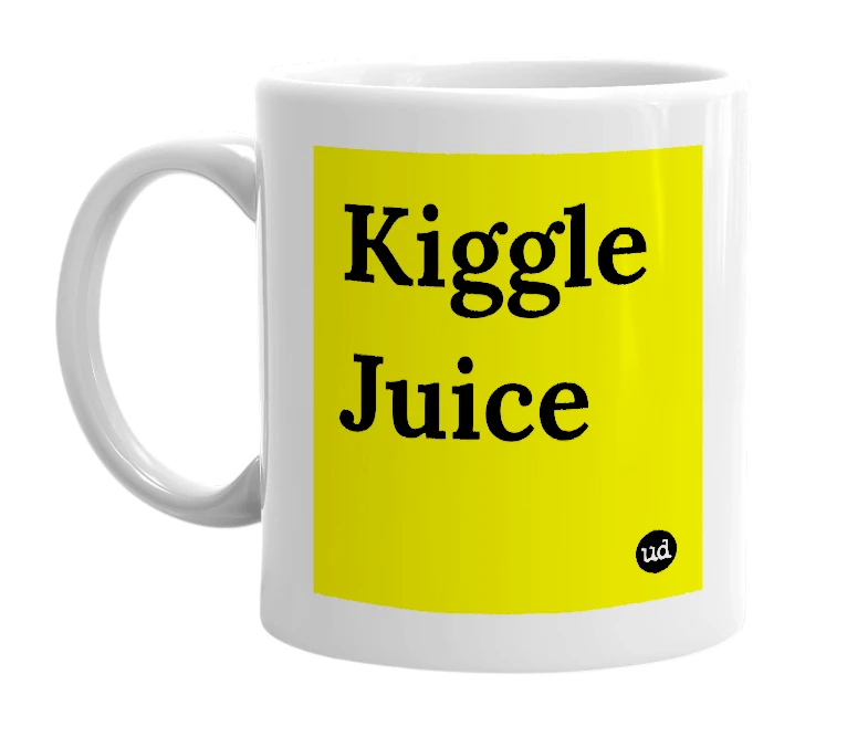 White mug with 'Kiggle Juice' in bold black letters