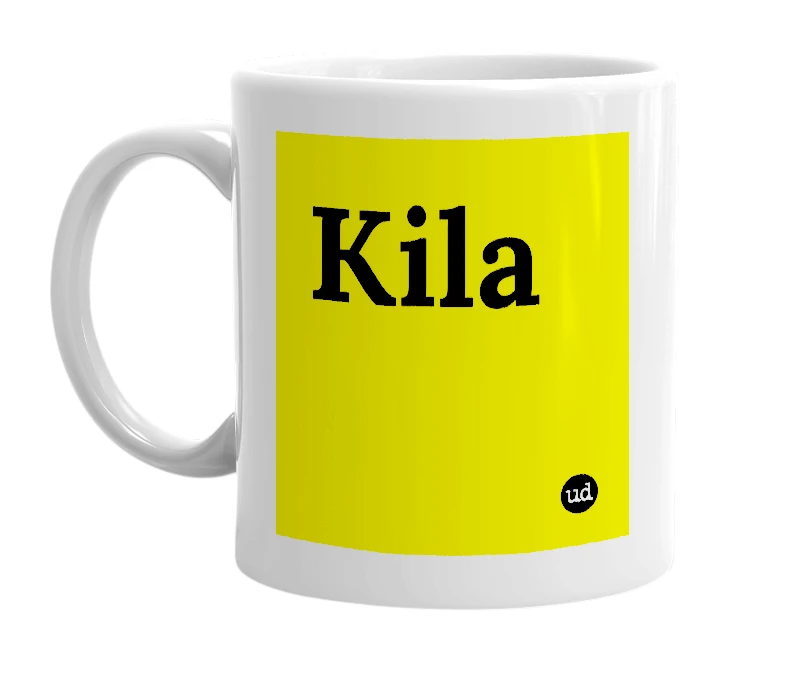White mug with 'Kila' in bold black letters