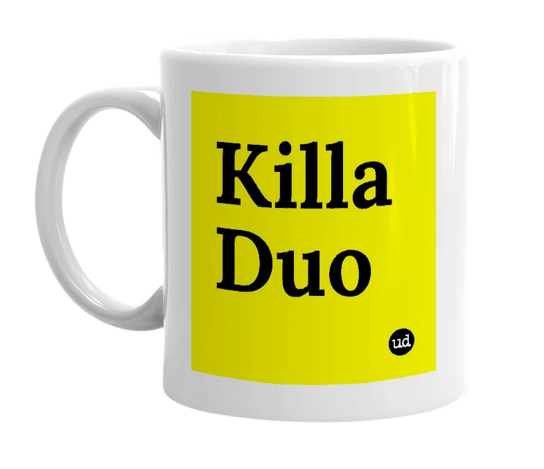 White mug with 'Killa Duo' in bold black letters