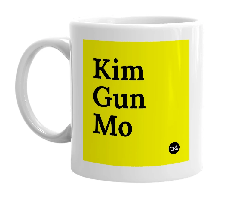 White mug with 'Kim Gun Mo' in bold black letters