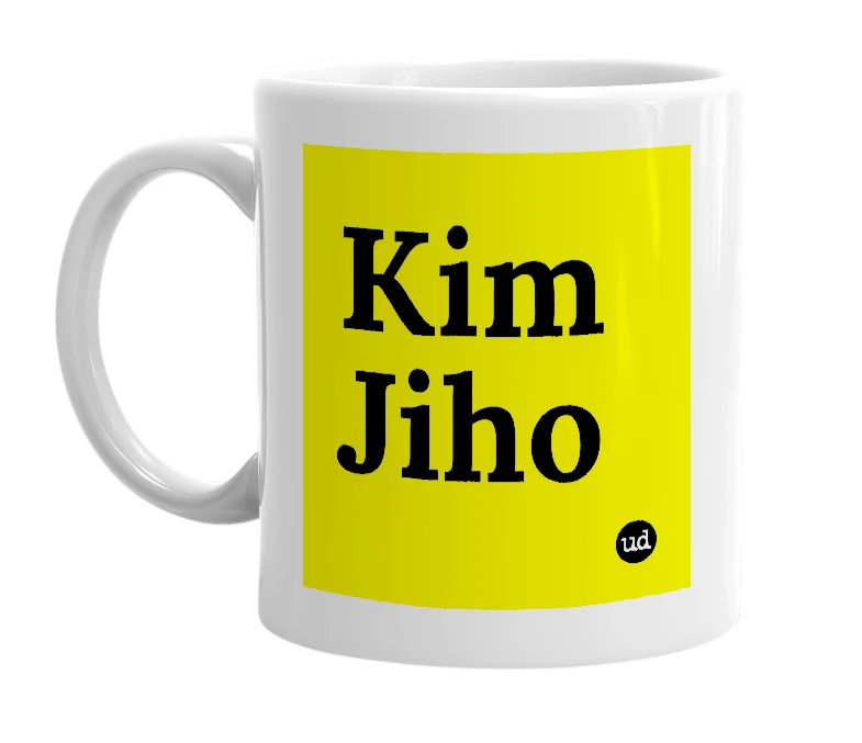 White mug with 'Kim Jiho' in bold black letters