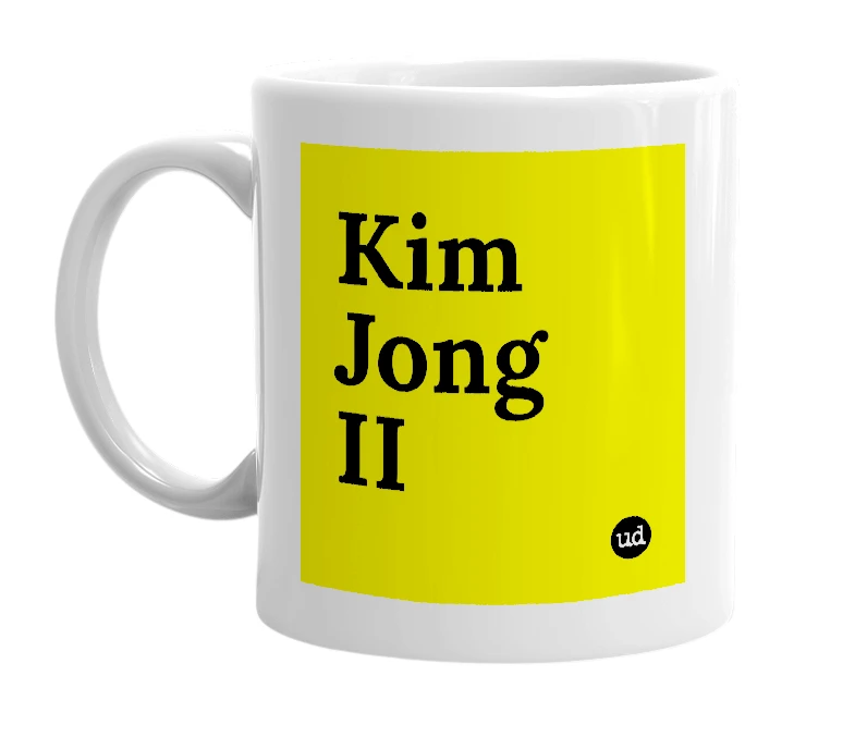 White mug with 'Kim Jong II' in bold black letters
