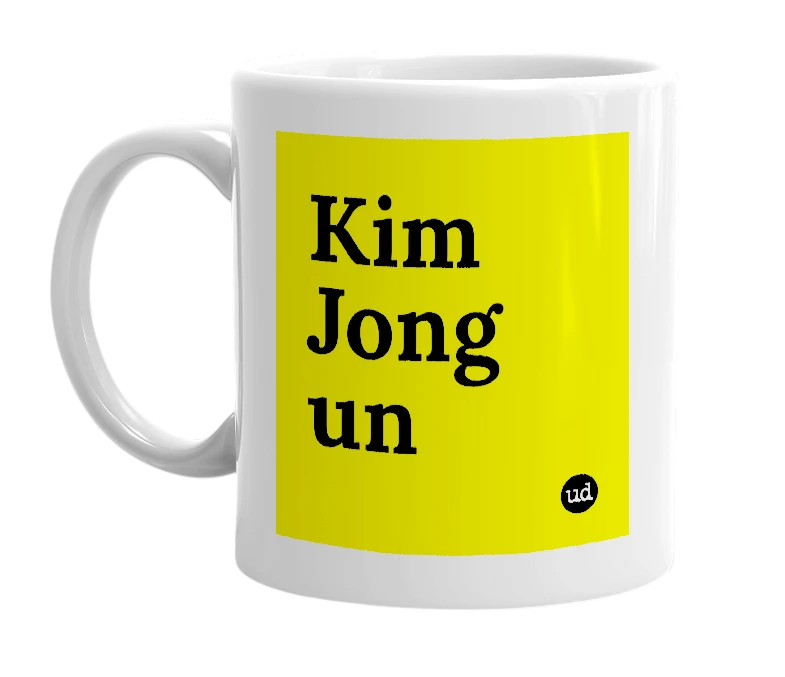 White mug with 'Kim Jong un' in bold black letters