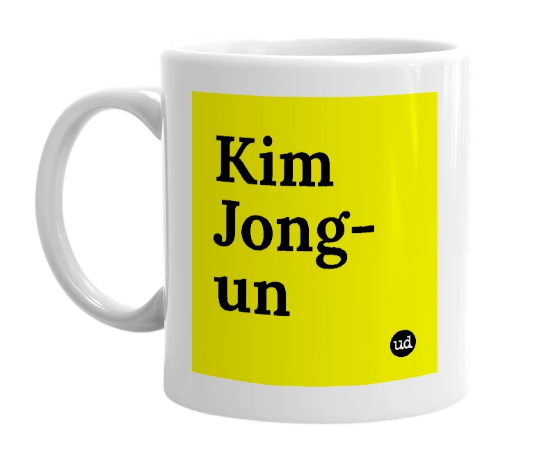 White mug with 'Kim Jong-un' in bold black letters