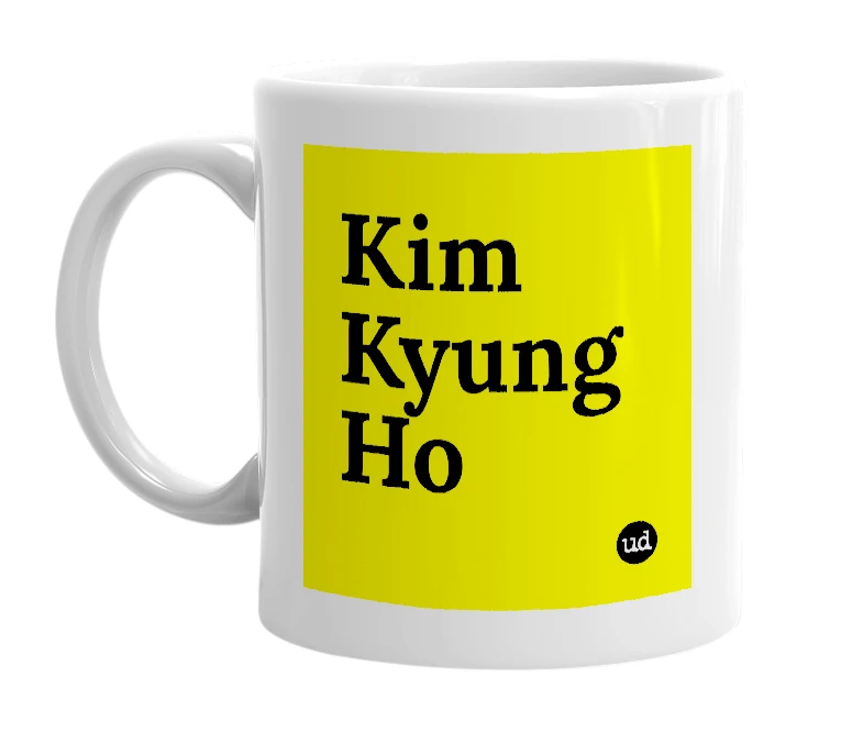 White mug with 'Kim Kyung Ho' in bold black letters