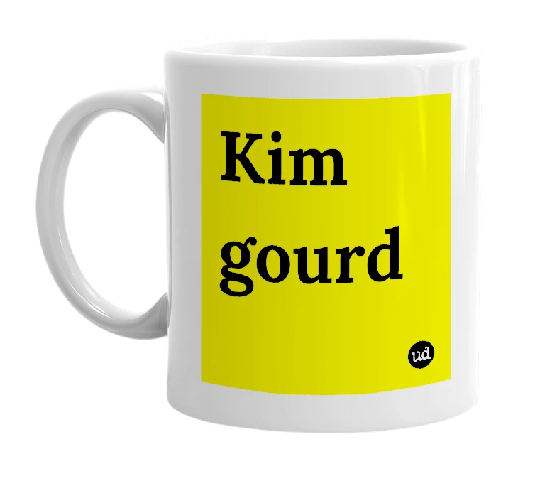White mug with 'Kim gourd' in bold black letters