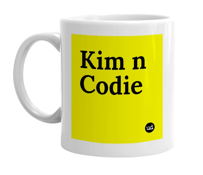 White mug with 'Kim n Codie' in bold black letters