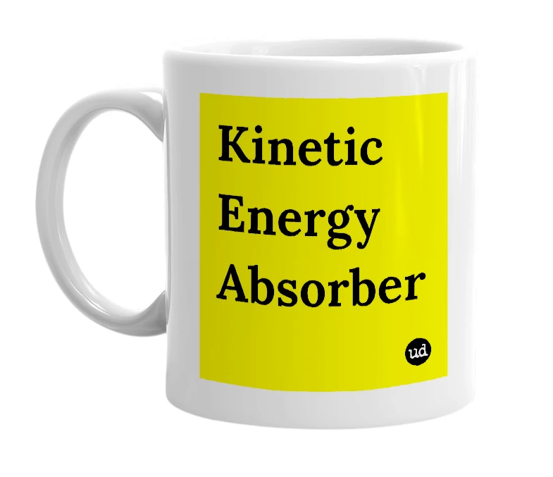 White mug with 'Kinetic Energy Absorber' in bold black letters