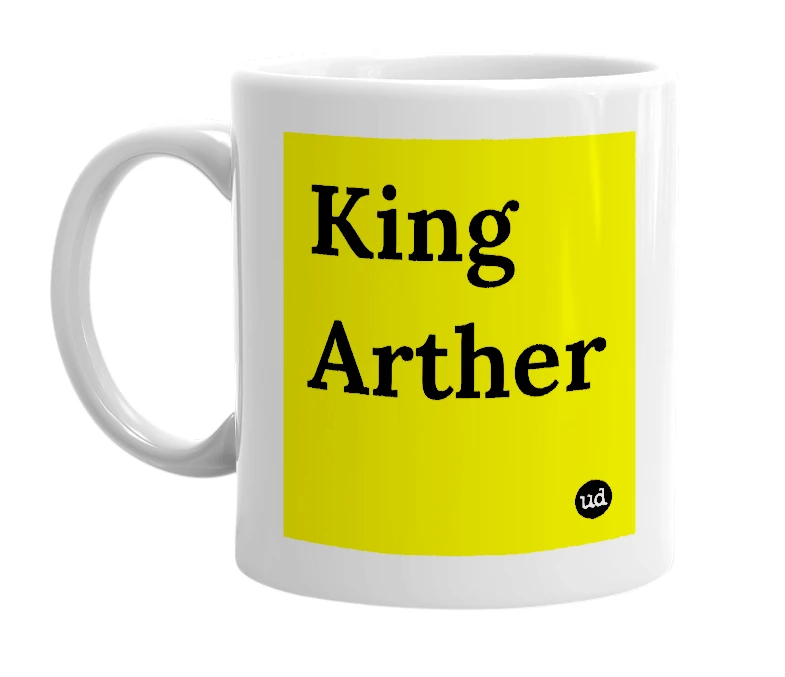 White mug with 'King Arther' in bold black letters