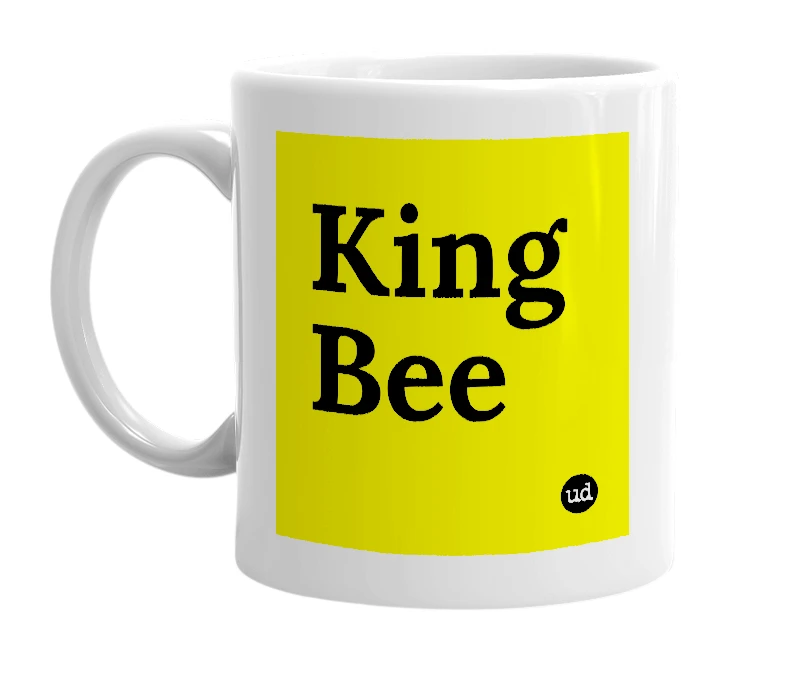 White mug with 'King Bee' in bold black letters