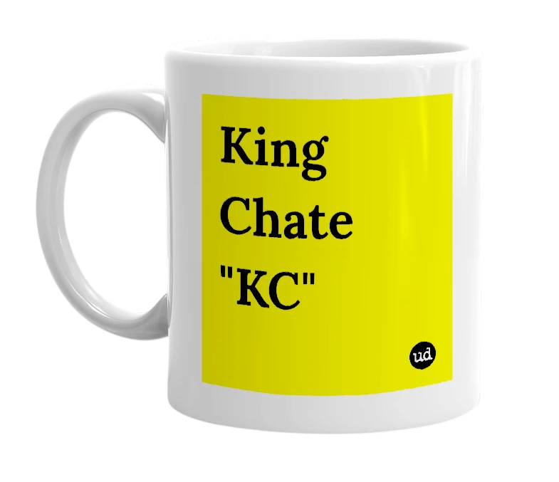 White mug with 'King Chate "KC"' in bold black letters