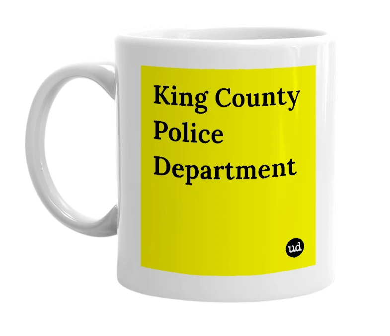 White mug with 'King County Police Department' in bold black letters