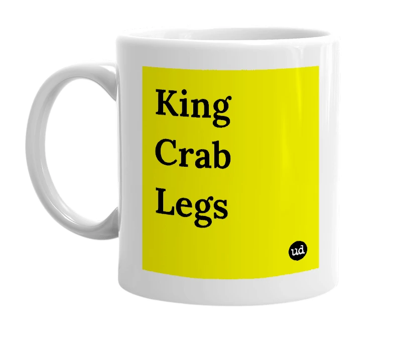 White mug with 'King Crab Legs' in bold black letters