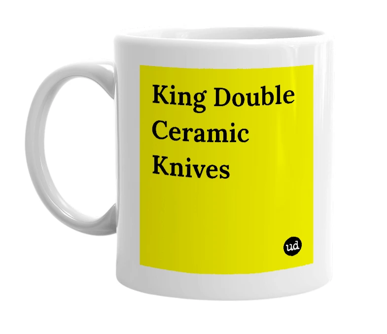 White mug with 'King Double Ceramic Knives' in bold black letters
