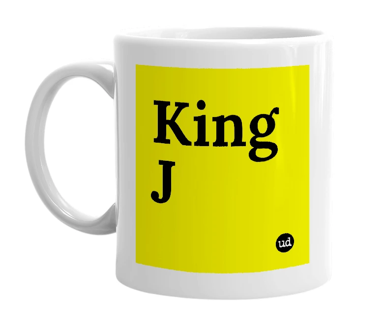 White mug with 'King J' in bold black letters