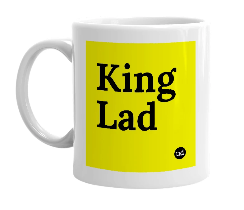 White mug with 'King Lad' in bold black letters