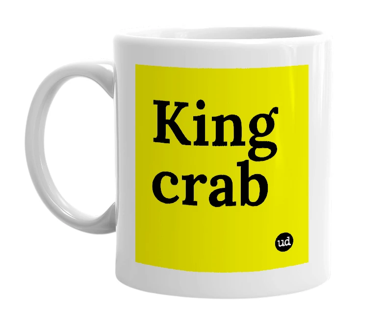 White mug with 'King crab' in bold black letters