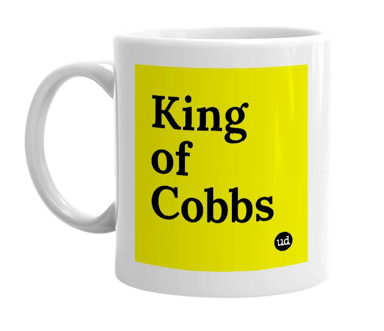 White mug with 'King of Cobbs' in bold black letters