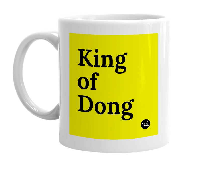 White mug with 'King of Dong' in bold black letters