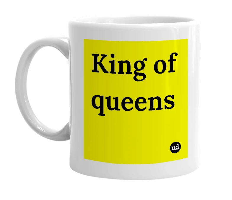 White mug with 'King of queens' in bold black letters