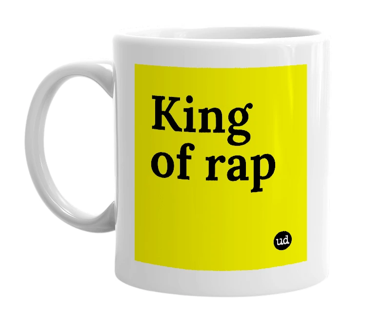 White mug with 'King of rap' in bold black letters