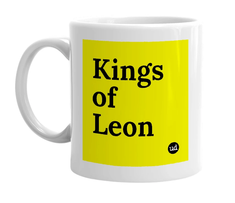 White mug with 'Kings of Leon' in bold black letters