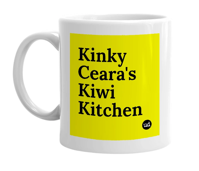 White mug with 'Kinky Ceara's Kiwi Kitchen' in bold black letters