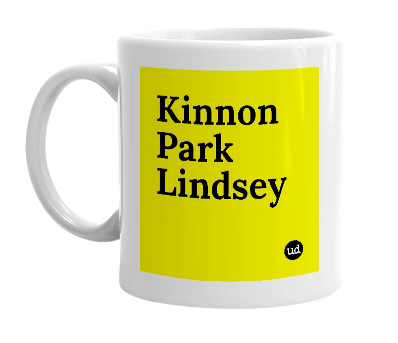 White mug with 'Kinnon Park Lindsey' in bold black letters