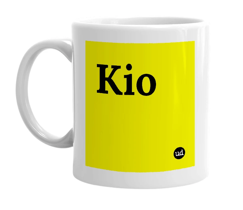 White mug with 'Kio' in bold black letters