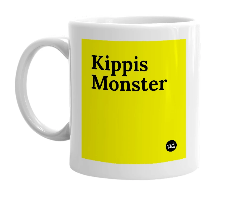 White mug with 'Kippis Monster' in bold black letters