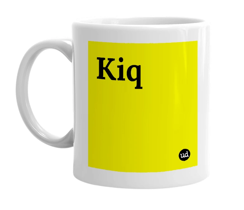 White mug with 'Kiq' in bold black letters
