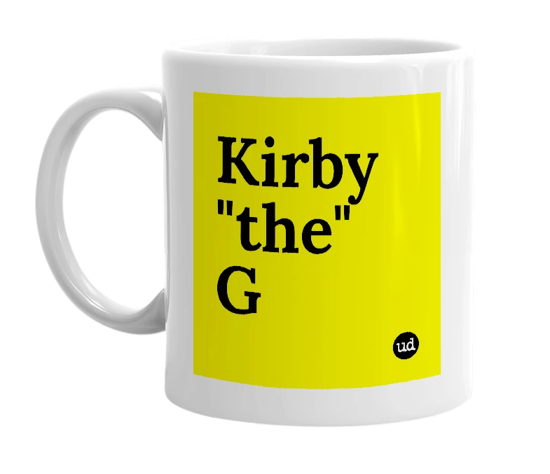 White mug with 'Kirby "the" G' in bold black letters
