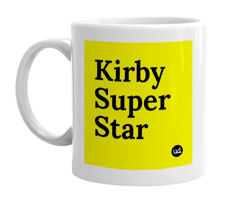 White mug with 'Kirby Super Star' in bold black letters