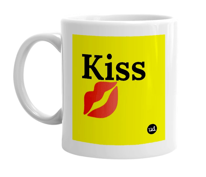 White mug with 'Kiss 💋' in bold black letters