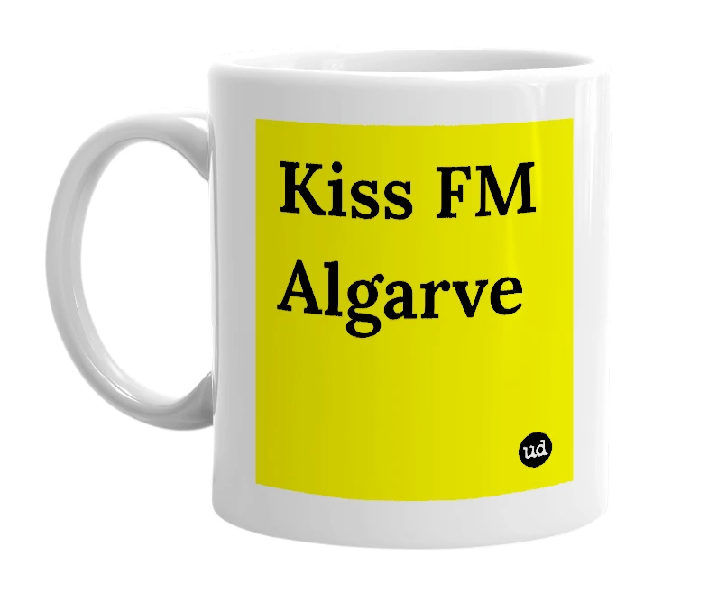 White mug with 'Kiss FM Algarve' in bold black letters