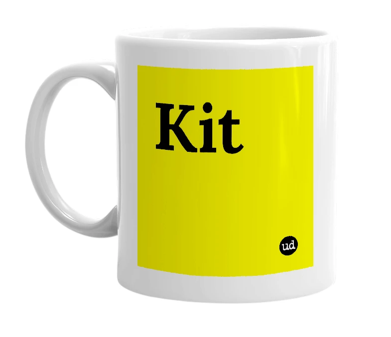 White mug with 'Kit' in bold black letters