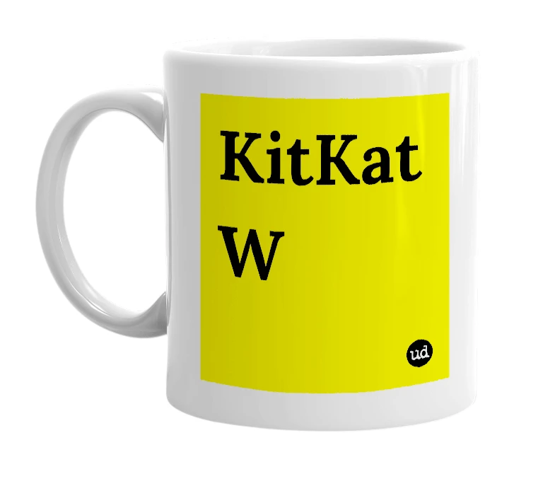 White mug with 'KitKat W' in bold black letters