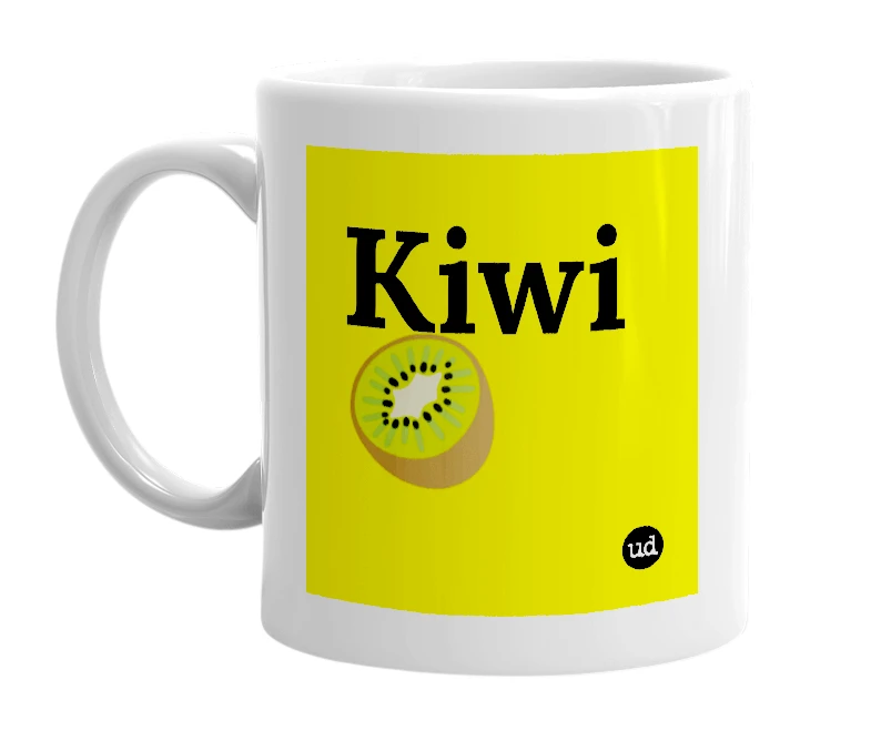 White mug with 'Kiwi 🥝' in bold black letters