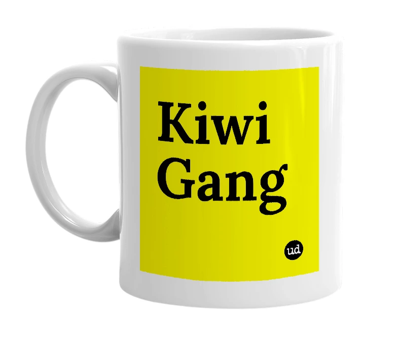 White mug with 'Kiwi Gang' in bold black letters
