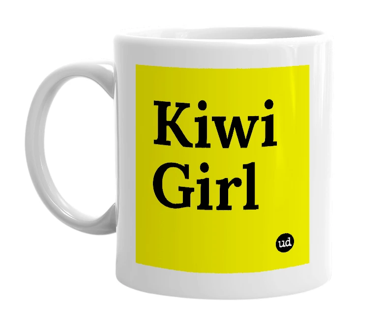 White mug with 'Kiwi Girl' in bold black letters