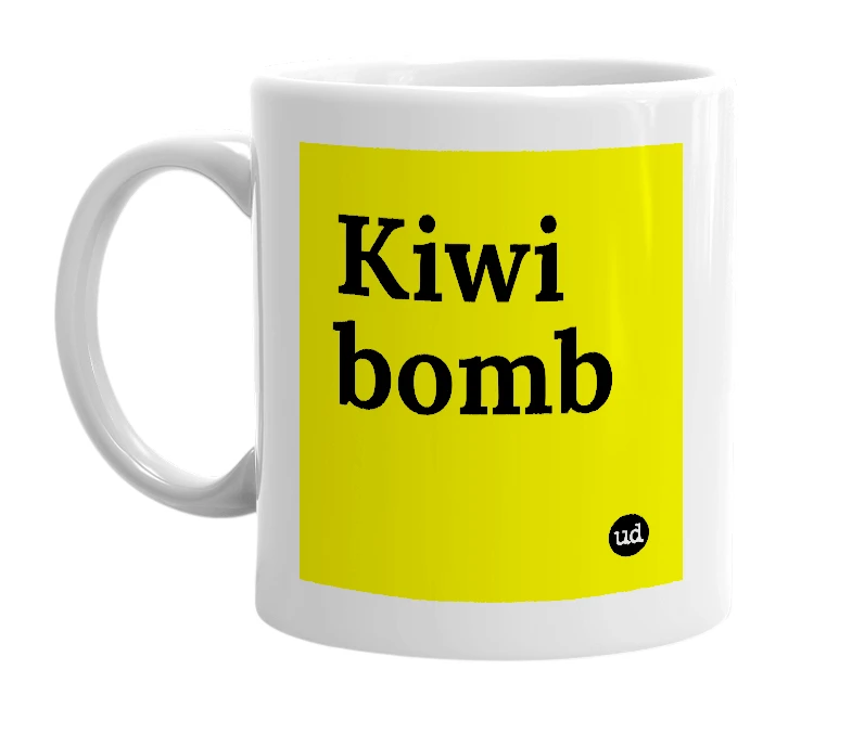 White mug with 'Kiwi bomb' in bold black letters