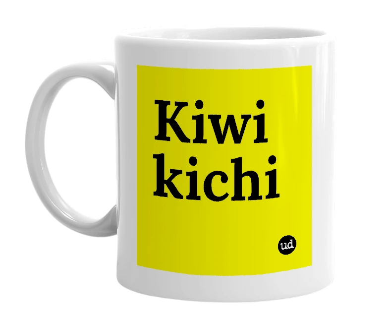 White mug with 'Kiwi kichi' in bold black letters