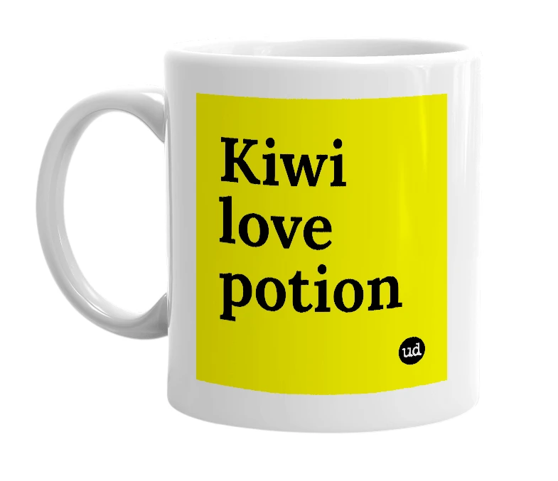 White mug with 'Kiwi love potion' in bold black letters