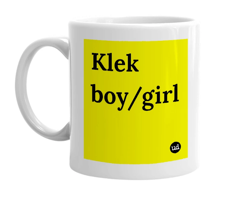 White mug with 'Klek boy/girl' in bold black letters
