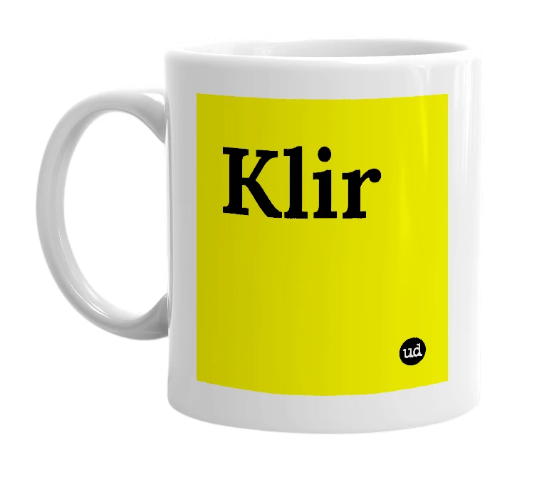 White mug with 'Klir' in bold black letters