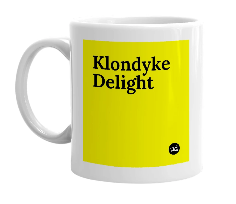 White mug with 'Klondyke Delight' in bold black letters