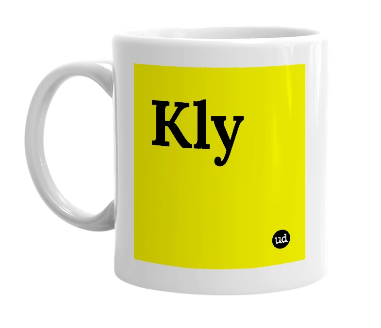 White mug with 'Kly' in bold black letters