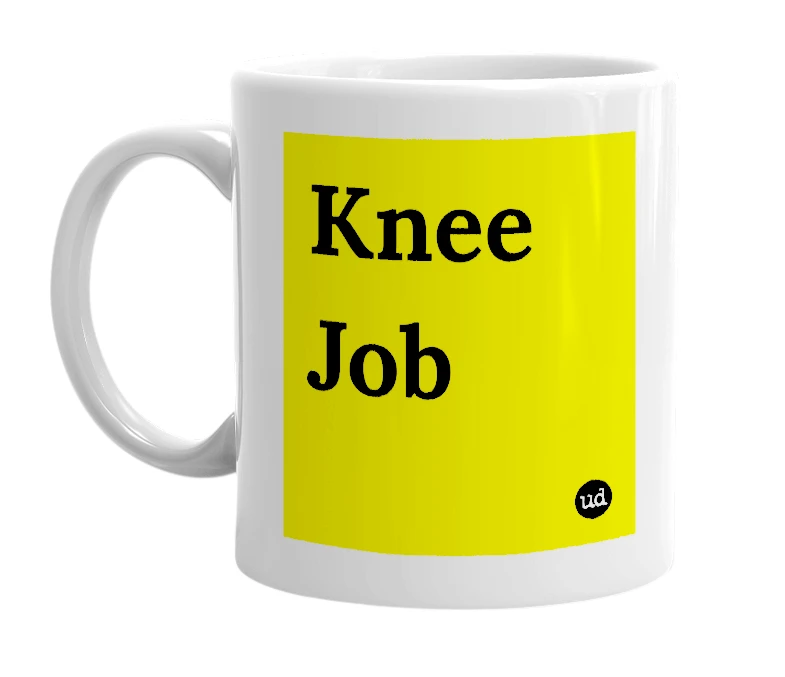 White mug with 'Knee Job' in bold black letters